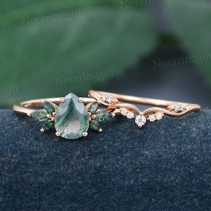 Pear shaped Moss agate engagement ring set vintage Unique rose gold moissanite ring set Marquise cut ring Bridal set promise ring gift