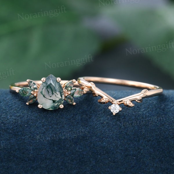 Pear shaped Moss agate engagement ring set vintage Unique rose gold moissanite engagement set Marquise cut Branch wedding ring set gift