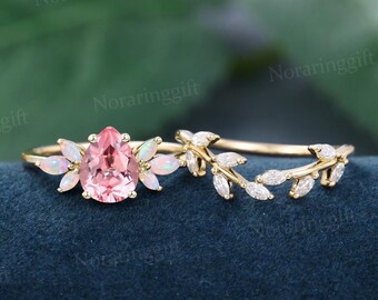 Pear Shaped Pink Sapphire engagement ring set vintage yellow gold moissanite ring leaf ring Marquise opal wedding ring set Anniversary ring