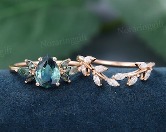 Pear Shaped Green Blue Sapphire engagement ring set vintage rose gold ring moissanite ring Marquise diamond ring Bridal set anniversary ring