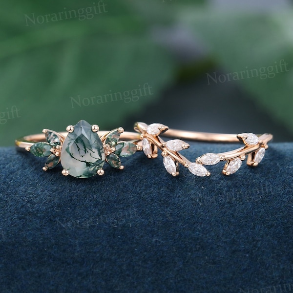 Pear shaped Moss agate engagement ring set Vintage rose gold moissanite engagement set Branch Marquise cut wedding ring set Anniversary gift