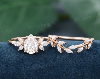 Pear shaped Moissanite engagement ring set vintage Unique rose gold Branch engagement set Marquise diamond Cluster wedding set Bridal set