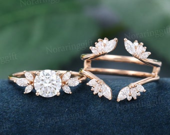 Moissanite engagement ring set vintage Unique rose gold engagement set Marquise diamond Enhancer wedding set Open Bridal set wedding jacket