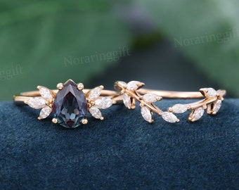 Pear shaped Alexandrite engagement ring set Branch rose gold moissanite engagement set Marquise cut diamond Cluster Dainty wedding ring set