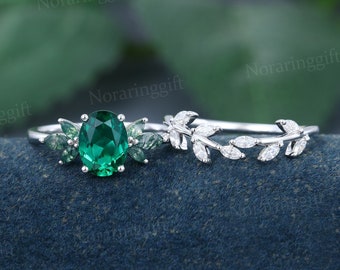 Oval cut Emerald engagement ring set Unique white gold Moissanite ring Marquise Moss Agate cluster ring wedding ring set anniversary gift