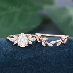 Pear shaped Moissanite engagement ring set vintage Unique rose gold Branch engagement set Marquise diamond Cluster wedding set Bridal set