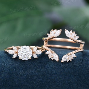 Moissanite engagement ring set vintage Unique rose gold engagement set Marquise diamond Enhancer wedding set Open Bridal set wedding jacket