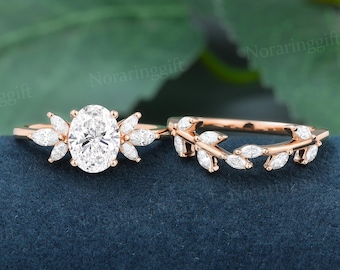 Oval cut 1ct Lab grown Diamond engagement ring set vintage Unique rose gold ring Leaf Branch ring Marquise ring Bridal set Anniversary ring