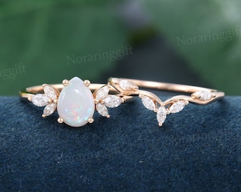 Pear shaped Opal engagement ring set vintage Unique rose gold engagement set Marquise cut diamond Cluster wedding set Bridal dainty ring set