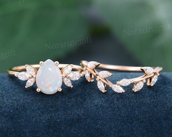 Pear shaped Opal engagement ring set vintage rose gold wedding ring Marquise cut diamond Stacking branch wedding set Bridal dainty ring set