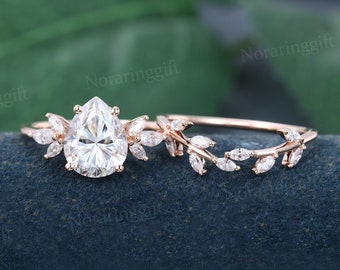 Pear shaped Moissanite engagement ring set vintage Rose gold ring Marquise cut Diamond Leaf Branch ring set wedding Bridal Anniversary ring