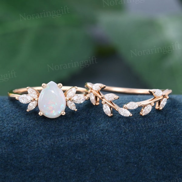 Pear shaped Opal engagement ring set vintage rose gold wedding ring Marquise cut diamond Stacking branch wedding set Bridal dainty ring set