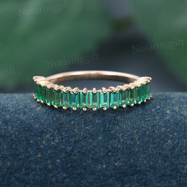 Unique Baguette cut Emerald wedding band Delicate rose gold ring Dainty Half eternity band Bridal ring promise ring Stackable Matching ring