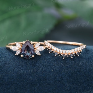 Pear shaped Alexandrite engagement ring set rose gold Moissanite ring Black Onyx ring set Unique Diamonds Dainty wedding Anniversary ring