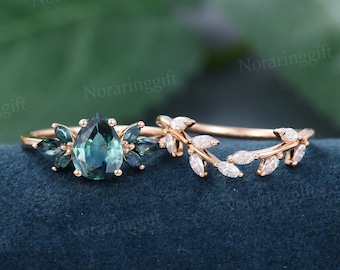 Pear Shaped Green Blue Sapphire engagement ring set vintage rose gold Moissanite ring set Marquise Diamond wedding set anniversary gift