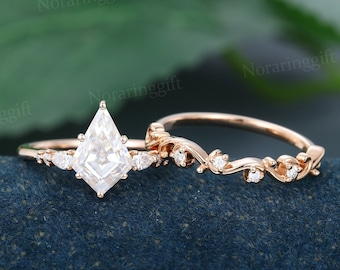 Kite cut Moissanite engagement ring set vintage Unique rose gold Bridal set Pear cut diamond Half eternity Filigree Anniversary Wedding set