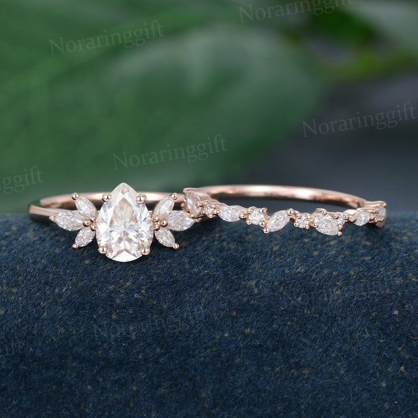 Pear shaped Moissanite engagement ring set Unique rose gold Half eternity band vintage Marquise diamond ring promise ring wedding Bridal set
