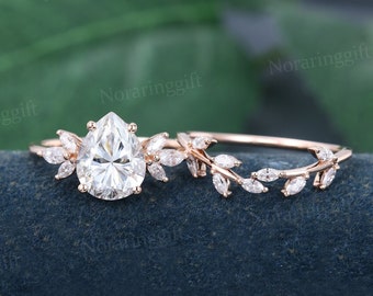 Pear shaped Moissanite engagement ring set vintage Rose gold ring Marquise cut Diamond Leaf Branch ring wedding Bridal set Anniversary ring