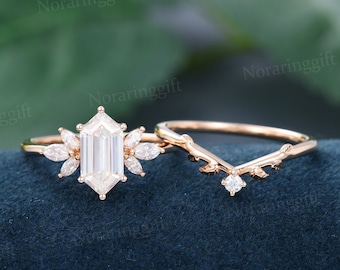 Elongated hexagon Moissanite engagement ring set vintage Unique rose gold engagement set Marquise diamond Branch Cluster Wedding Bridal set