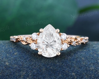 Pear shaped Moissanite engagement ring vintage rose gold ring diamond ring Unique Leaf ring Bridal ring promise ring Anniversary gift