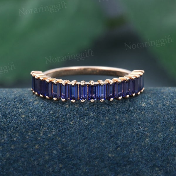 Unique Baguette cut Sapphire wedding band Delicate rose gold ring Dainty Half eternity band Bridal ring promise ring Stackable Matching ring