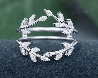 Marquise cut Moissanite Enhancer wedding band vintage white gold Diamond wedding ring Leaf Branch band Bridal Antique Matching Dainty Band