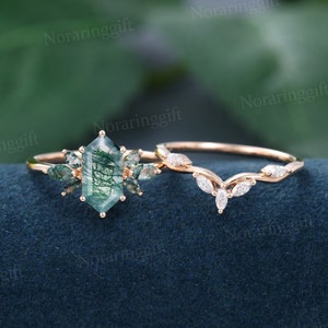 Elongated Hexagon cut Moss agate engagement ring set Vintage rose gold Marquise moissanite ring set curved wedding ring set Anniversary gift