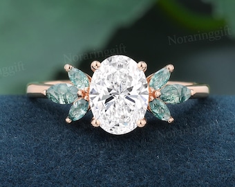 Oval cut 1ct Lab grown Diamond engagement ring vintage rose gold ring Marquise cut Moss agate ring Bridal ring promise Anniversary ring