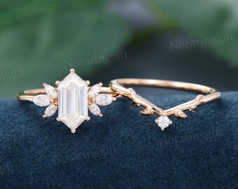 Elongated hexagon Moissanite engagement ring set vintage Unique rose gold engagement set Marquise diamond Branch Cluster Wedding Bridal set