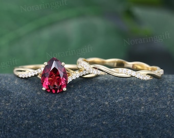 Pear shaped Ruby Engagement ring set Unique yellow gold moissanite ring diamond ring twisted band Bridal ring set dainty ring promise ring