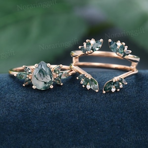 Pear shaped Moss agate engagement ring set Vintage rose gold Marquise engagement set Enhancer moissanite wedding ring set Anniversary gift