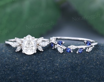 Pear shaped Moissanite engagement ring set vintage white gold Sapphire ring Branch ring Marquise diamond wedding Bridal set promise ring