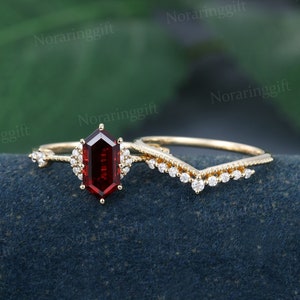 Elongated Hexagon Garnet Engagement ring set Yellow gold Moissanite ring Milgrain ring Diamond ring Unique marriage ring wedding Bridal ring