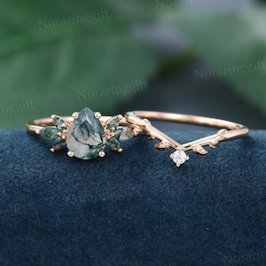 Pear shaped Natural Moss agate engagement ring set vintage Unique rose gold moissanite ring set Marquise cut ring wedding ring promise ring