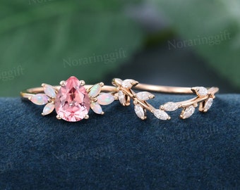 Pear Shaped Pink Sapphire engagement ring set vintage rose gold moissanite ring leaf ring Marquise Cut opal wedding ring anniversary ring