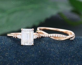 Emerald cut Moissanite engagement ring set vintage Unique rose gold Bridal set Pear cut 3/4 eternity Twist diamond Cluster Wedding ring set