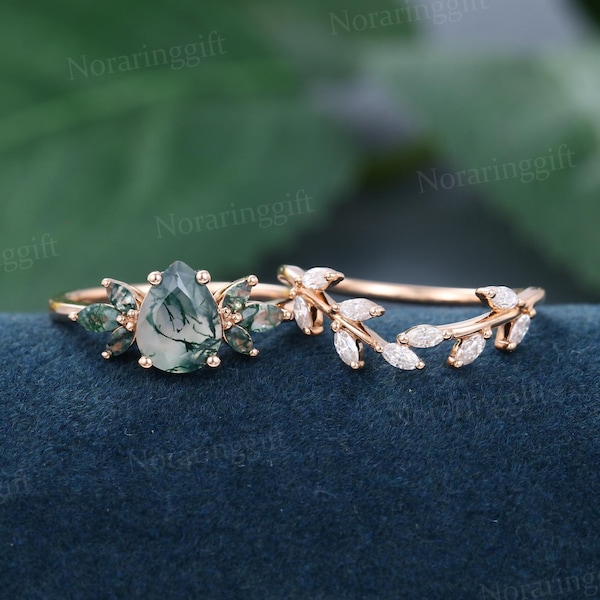 Anello di fidanzamento con agata muschiata a forma di pera, anello vintage in oro rosa con moissanite, anello a fascia con ramo e diamante marquise, set da sposa, anello per anniversario.