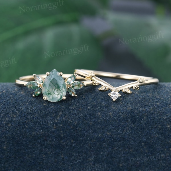 Pear shaped Moss agate engagement ring set vintage Unique yellow gold moissanite ring set Marquise cut Branch promise wedding ring set gift