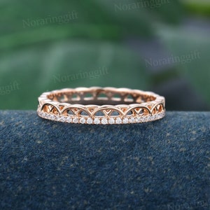 Unique Moissanite wedding band Delicate rose gold Hollow-out ring Dainty diamond band Bridal Antique Matching Anniversary ring gift