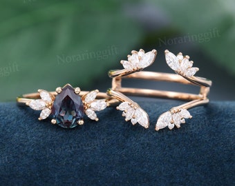 Pear shaped Alexandrite engagement ring set Branch rose gold moissanite engagement set Marquise  diamond Cluster Enhancer wedding ring set