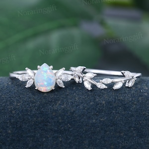 Pear shaped Opal engagement ring set vintage white gold wedding ring Marquise cut diamond Stacking branch wedding set Bridal dainty ring set