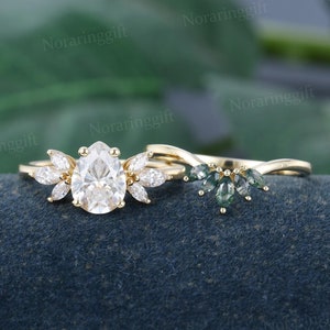 Pear shaped Moissanite engagement ring set Unique yellow gold ring set vintage Marquise Moss agate ring Bridal ring set promise ring