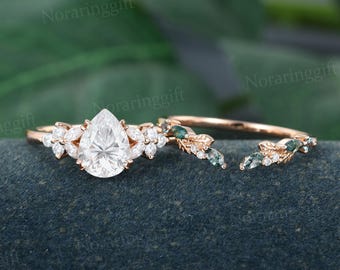 Pear shaped Moissanite engagement ring set vintage marquise moss agate rose gold ring Promise ring wedding set leaf Anniversary ring for her