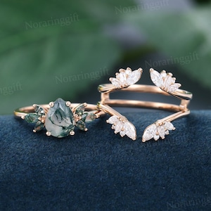 Pear shaped Moss agate engagement ring set Vintage rose gold moissanite engagement set Marquise Enhancer wedding ring set Anniversary gift