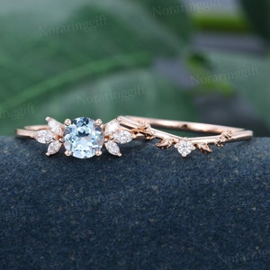 Unique Aquamarine engagement ring set rose gold ring vintage Marquise Moissanite ring leaf ring diamond Bridal ring dainty Annual ring set