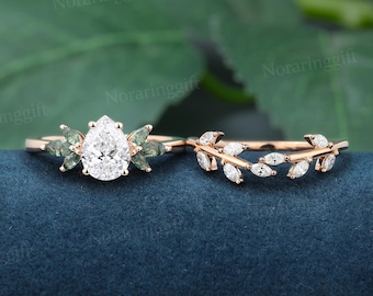 Pear 1ct Lab Grown Diamond Engagement ring set Vintage rose gold Marquise moss agate ring leaf Branch ring wedding ring set Anniversary ring