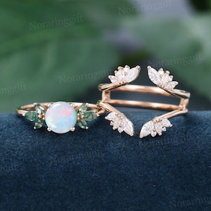 Unique Opal engagement ring set vintage rose gold moss agate ring set Marquise Cut moissanite ring Enhancer wedding ring anniversary gift