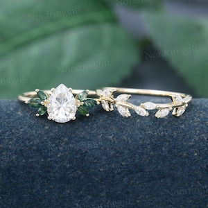 Pear shaped Moissanite engagement ring set Vintage yellow gold moss agate ring set Branch Marquise cut wedding ring set Anniversary gift