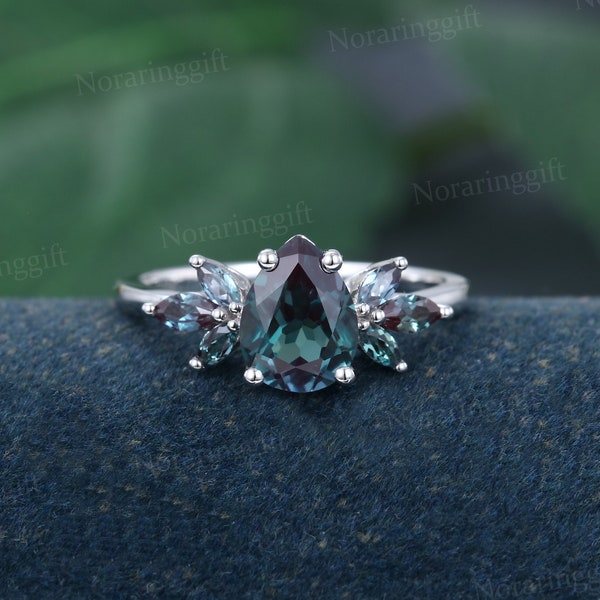 Pear Shaped Alexandrite engagement ring Unique white gold engagement ring Marquise cut cluster wedding ring bridal dainty anniversary gift