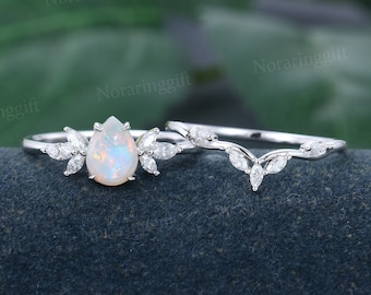 Pear shaped Natural Opal engagement ring set vintage white gold ring  Marquise moissanite ring claws band wedding set Bridal dainty ring set